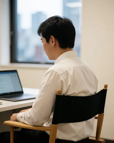 Jeune homme assis dans un fauteuil de réalisateur, concentré sur son ordinateur portable dans un bureau moderne avec vue urbaine et murs blancs.