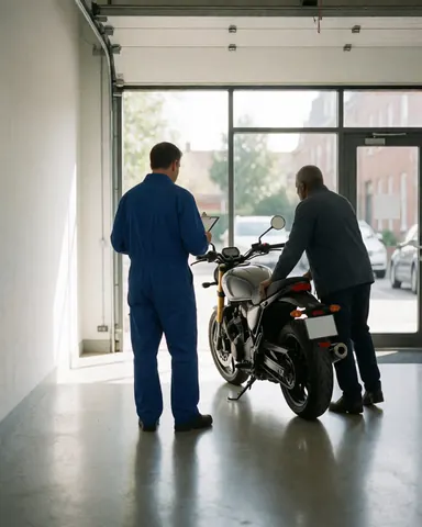 Une cliente souriante se tient près de sa moto moderne dans un garage lumineux. Un mécanicien en combinaison bleue effectue une vérification sur le sol poli.