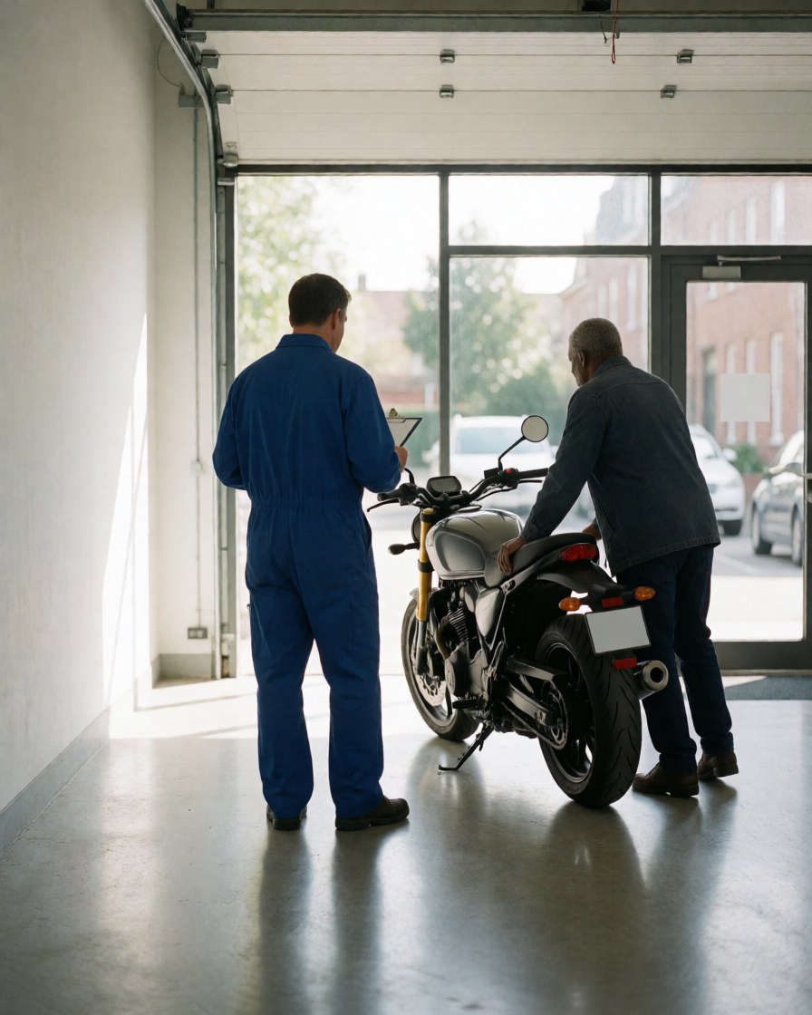 Une cliente souriante se tient près de sa moto moderne dans un garage lumineux. Un mécanicien en combinaison bleue effectue une vérification sur le sol poli.