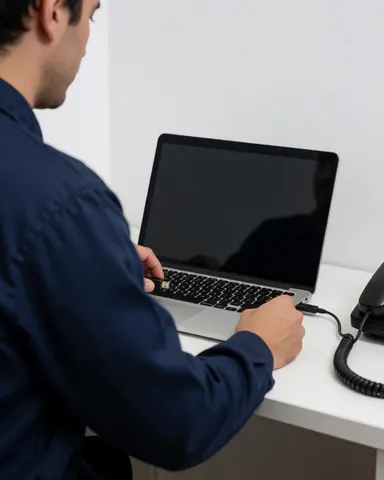 Un technicien en uniforme bleu foncé insère une clé USB sur un ordinateur portable posé sur une table blanche devant un mur blanc, scène de réparation informatique.
