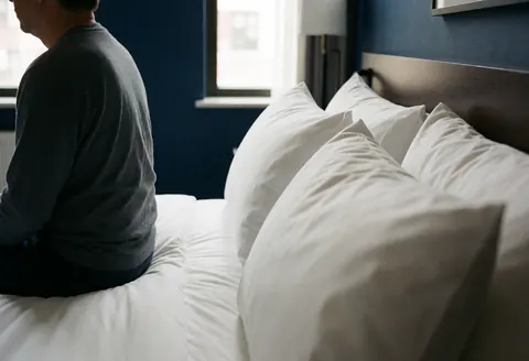 Une personne est assise sur un lit dans un appartement-hôtel, entourée d'oreillers blancs, de murs bleus et éclairée par la lumière naturelle d'une grande fenêtre.