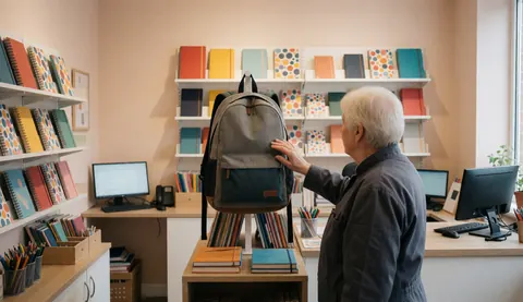 Un client adulte examine un sac à dos gris dans une papeterie avec des étagères de cahiers colorés et des murs beige.