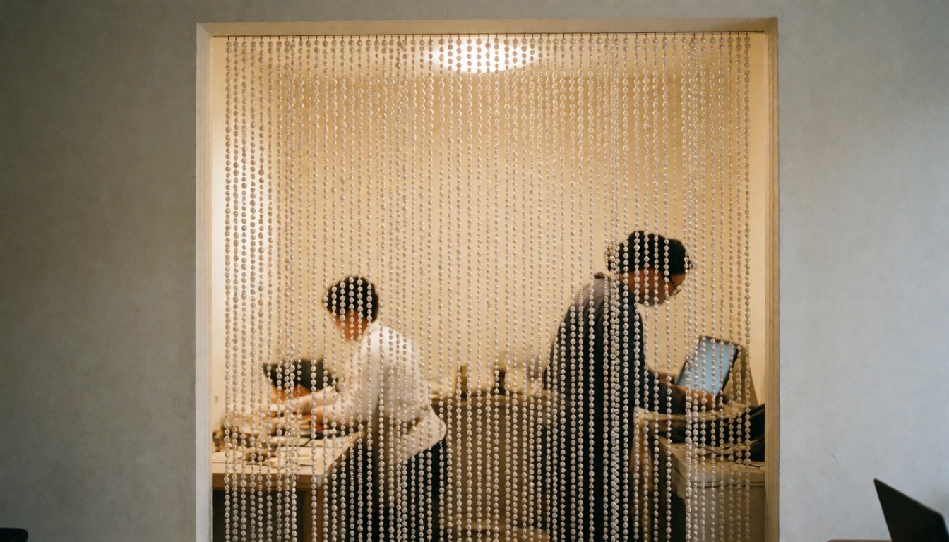 Un rideau de perles sépare un espace de travail avec des tables et des ordinateurs portables, des murs blancs et une ambiance professionnelle.