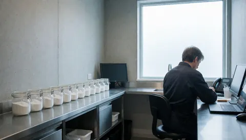 Un professionnel dans une zone de préparation avec des pots d'exfoliants, un ordinateur et une lumière naturelle, idéal pour les services de peeling chimique.