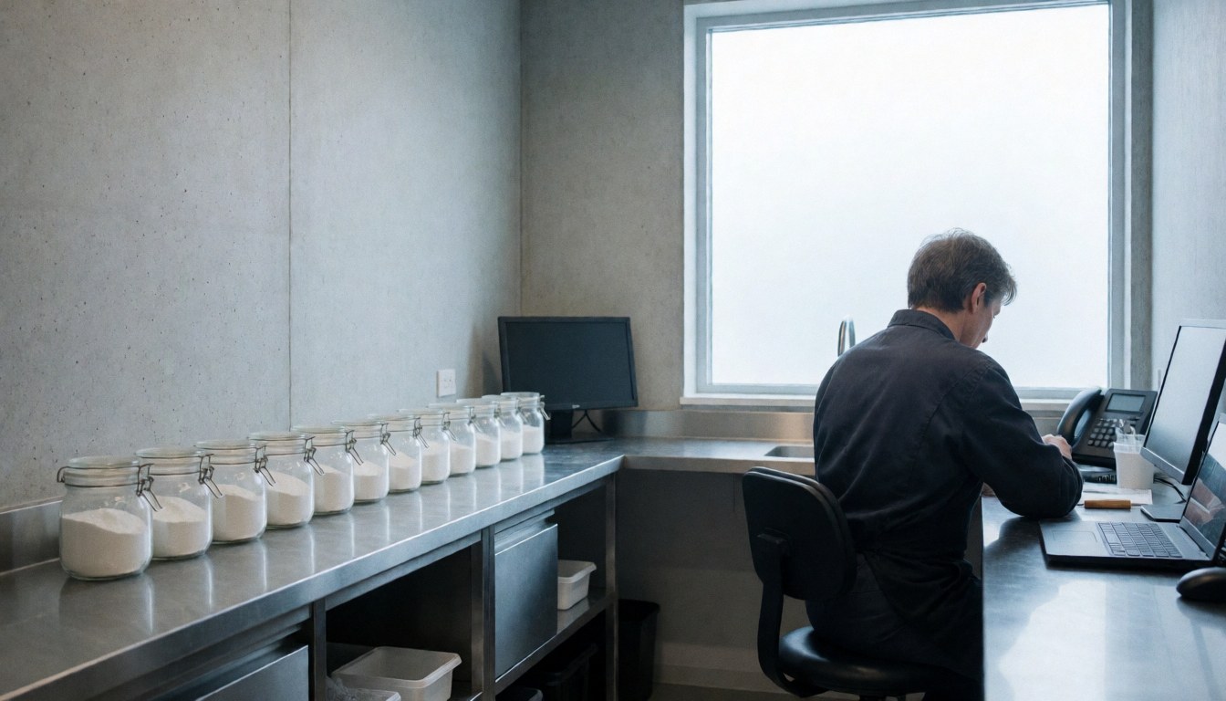 Un professionnel dans une zone de préparation avec des pots d'exfoliants, un ordinateur et une lumière naturelle, idéal pour les services de peeling chimique.