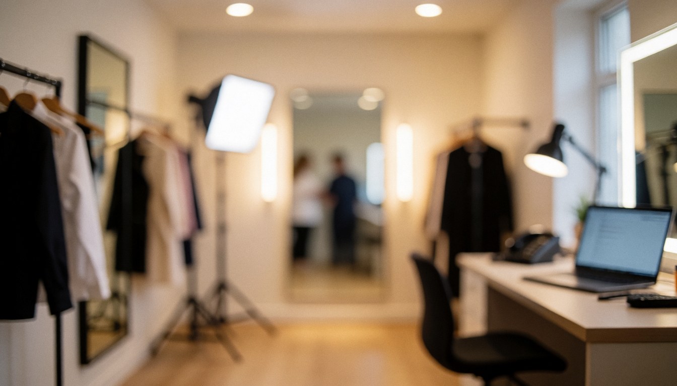 Fond studio de mode avec vêtements suspendus, miroirs et lumières professionnelles, idéal pour textes sur services de préparation et stylisme.
