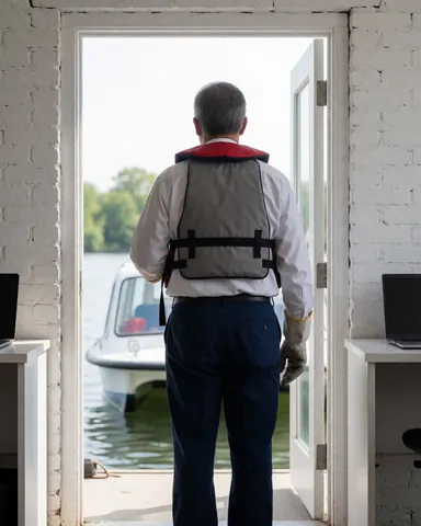Un homme en gilet de sauvetage observe un bateau depuis une porte ouverte, avec un mur de briques blanches en arrière-plan, évoquant la sécurité maritime et les services nautiques.