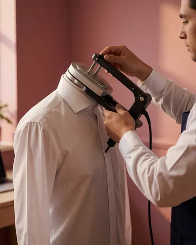 Un professionnel utilise un col pressoir sur une chemise formelle dans un atelier aux murs rose poudré et à la lumière naturelle chaleureuse.