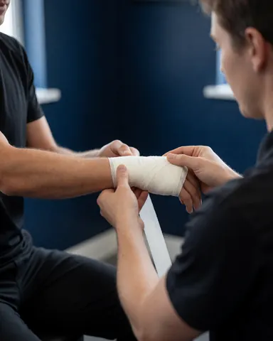 Un instructeur de boxe enroule une bande blanche autour de la main d'un client dans un gymnase aux murs bleus foncés.