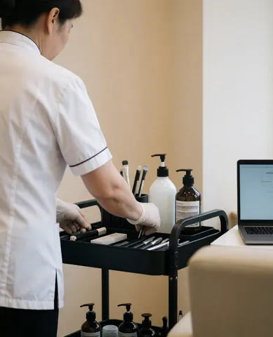 Thérapeute en uniforme blanc range des produits et outils de nettoyage facial sur un chariot dans un salon aux murs beiges, près d'un ordinateur portable.