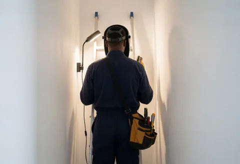 Un ouvrier de dos, équipé d'une échelle et d'une sacoche à outils, se tient dans un étroit couloir aux murs blancs éclairé par une lumière de chantier.