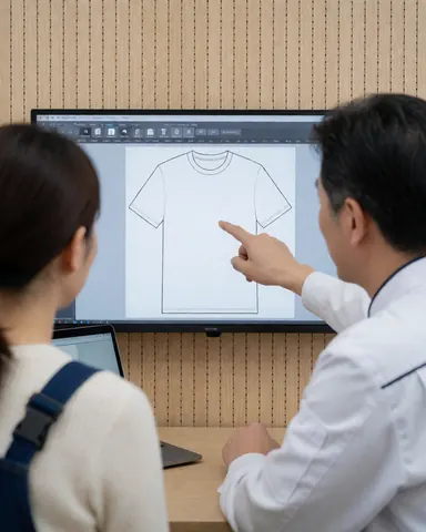 Un consultant et un client examinent ensemble un design de t-shirt affiché sur un écran d'ordinateur dans un bureau moderne.