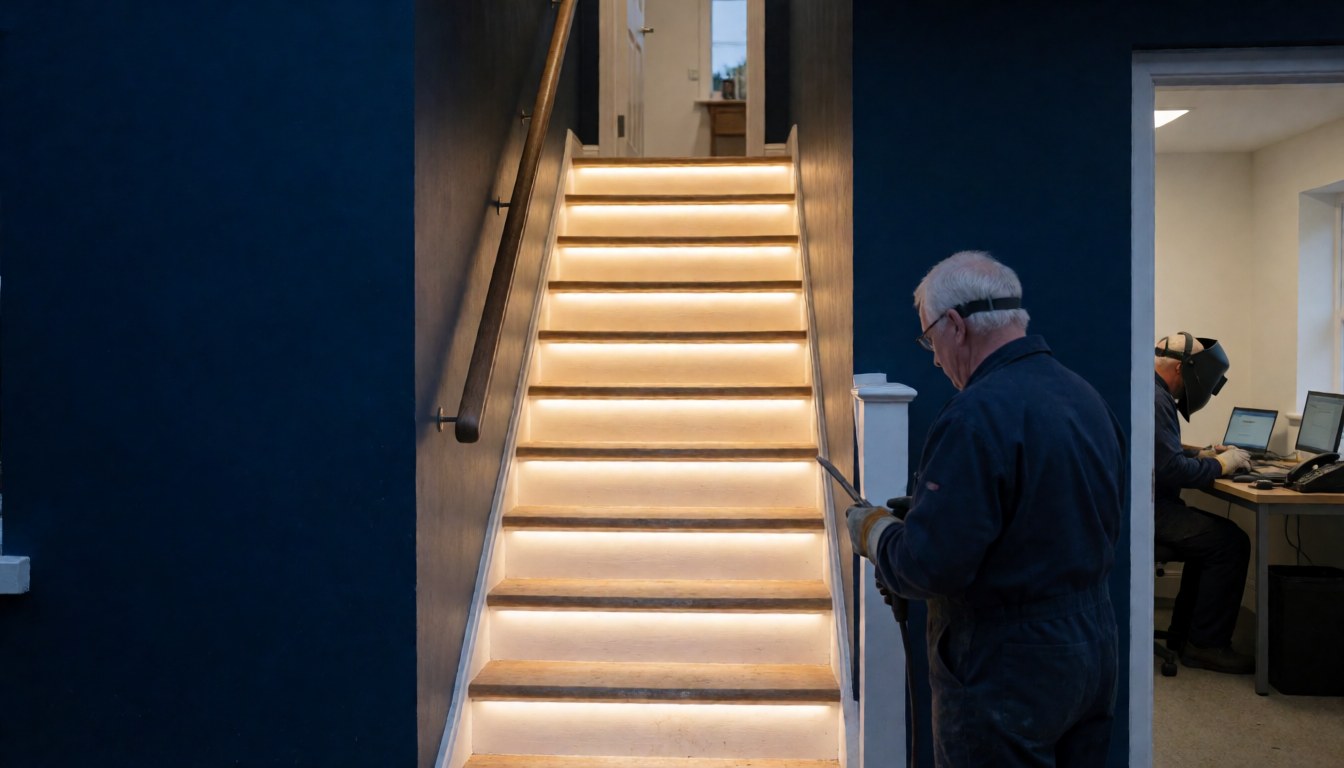 Escalier moderne équipé d'un éclairage LED intégré, murs bleus, personne effectuant des travaux d'installation dans un cadre professionnel et contemporain.