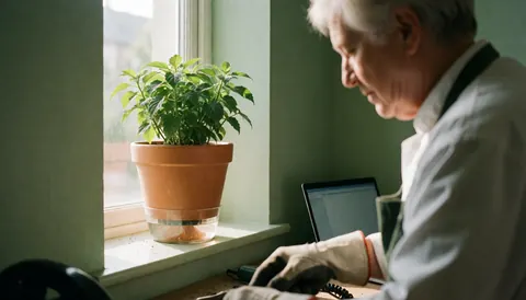 Plante en pot sur une fenêtre avec lumière naturelle, une personne travaille à un bureau avec un ordinateur portable, murs verts, idéal pour un atelier de céramique.