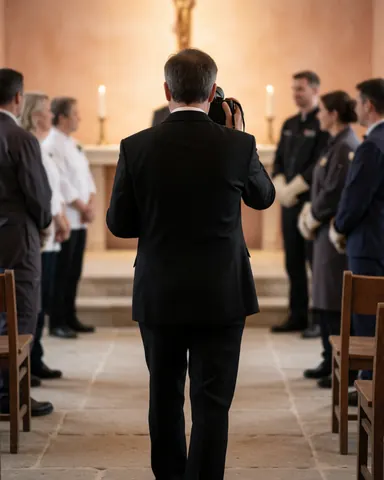 Photographe professionnel capture une cérémonie de mariage dans une église aux murs en stuc terracotta et au sol en pierre, baignée d'une lumière chaleureuse et apaisante.