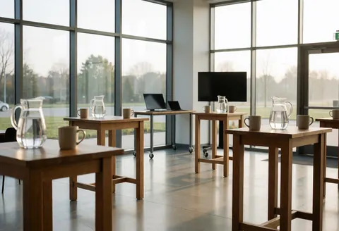 Lobby moderne avec tables en bois, carafes d'eau et mugs, fenêtres du sol au plafond et sol poli, idéal pour les événements d'entreprise.