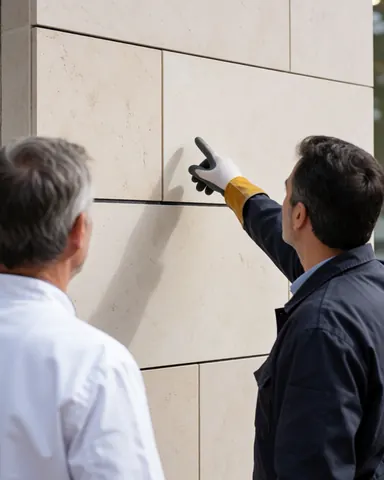 Un client observe la finition en pierre d'un mur de bâtiment tandis qu'un travailleur indique un détail du chantier avec son doigt ganté.