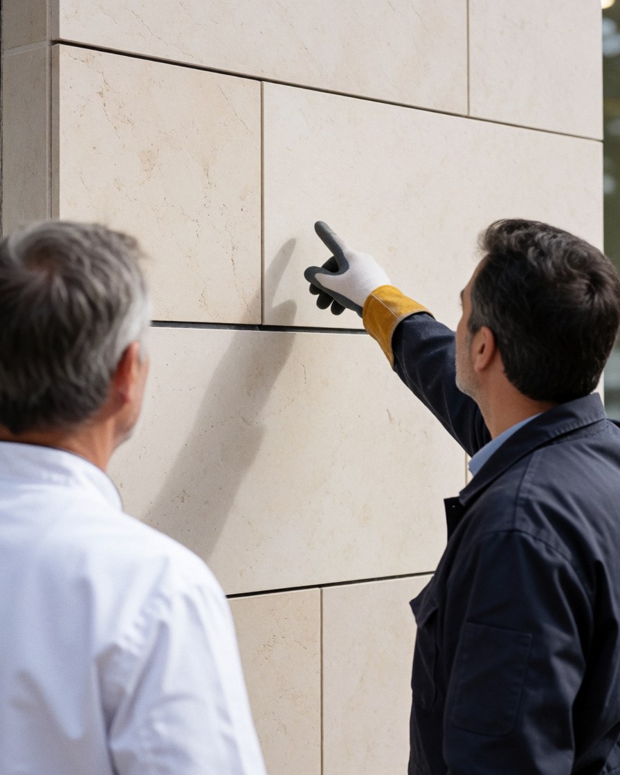 Un client observe la finition en pierre d'un mur de bâtiment tandis qu'un travailleur indique un détail du chantier avec son doigt ganté.