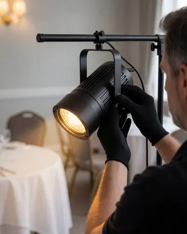 Un technicien en gants noirs règle un projecteur LED noir dans un cadre de banquet formel avec tables blanches et murs gris clair.