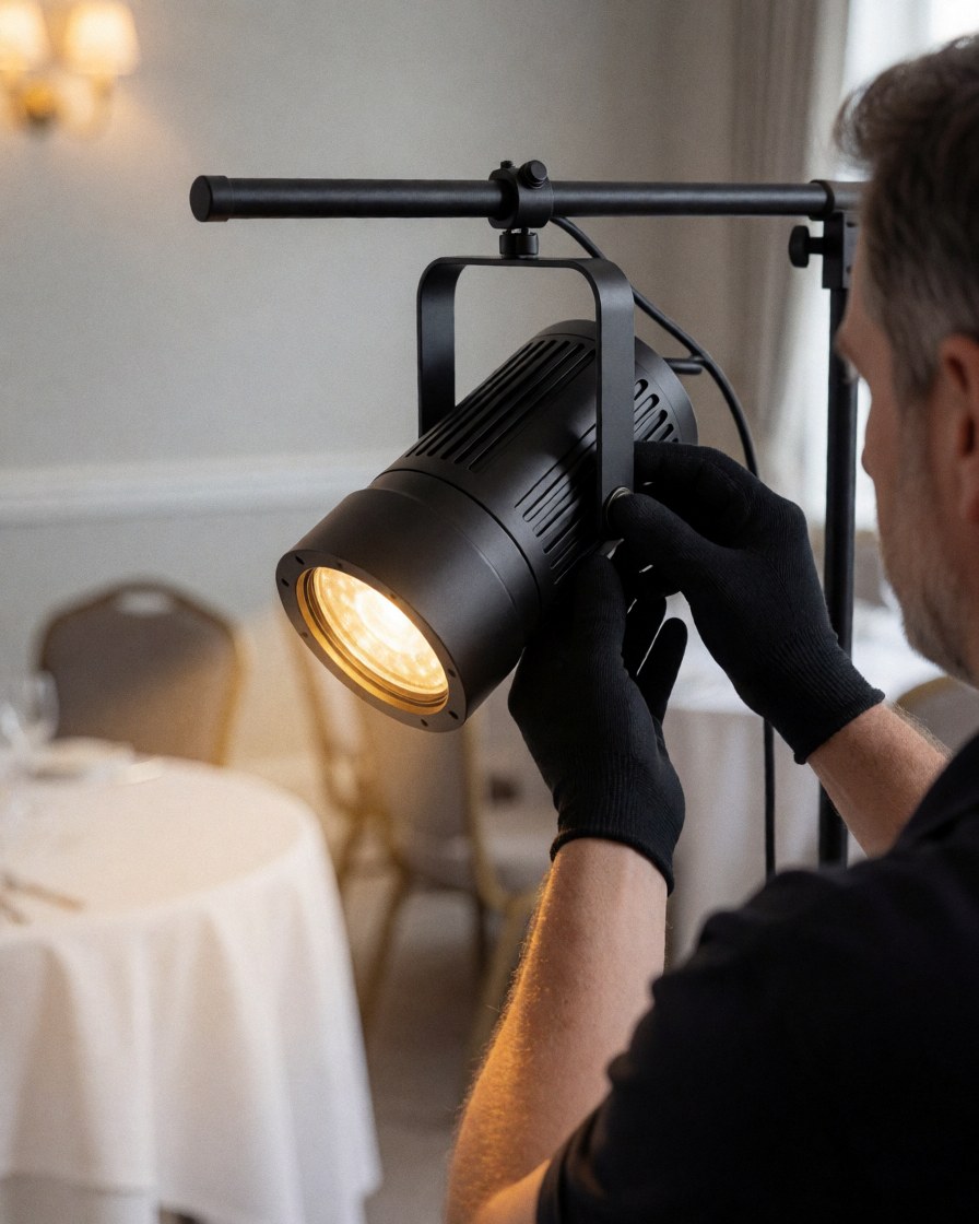 Un technicien en gants noirs règle un projecteur LED noir dans un cadre de banquet formel avec tables blanches et murs gris clair.
