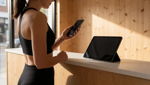 Une femme vêtue de vêtements de sport consulte son téléphone portable dans la réception d'un gymnase aux murs en bois et à la lumière naturelle.