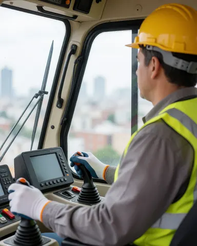 Un opérateur de grue portant un casque et un gilet réfléchissant manœuvre les leviers depuis la cabine avec une vue sur la ville.
