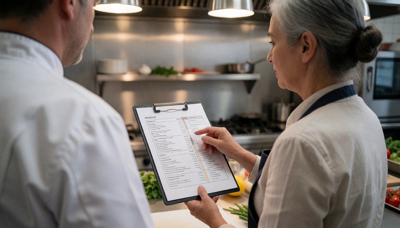 Une planificatrice de mariage examine un menu avec un chef dans une cuisine professionnelle en acier inoxydable.