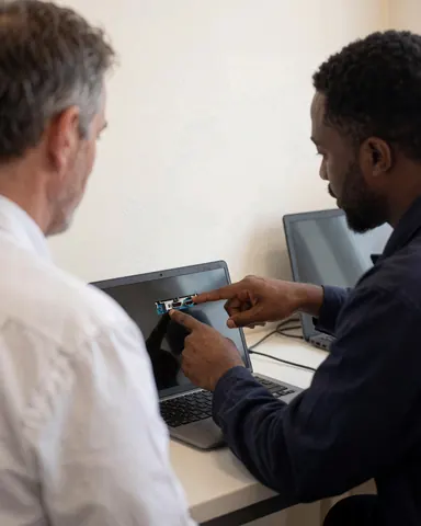 Un technicien présente un connecteur HDMI réparé à un client dans un atelier propre aux murs blancs avec un ordinateur portable ouvert.