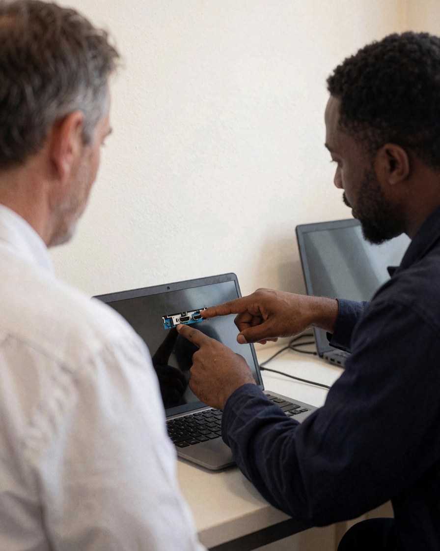 Un technicien présente un connecteur HDMI réparé à un client dans un atelier propre aux murs blancs avec un ordinateur portable ouvert.