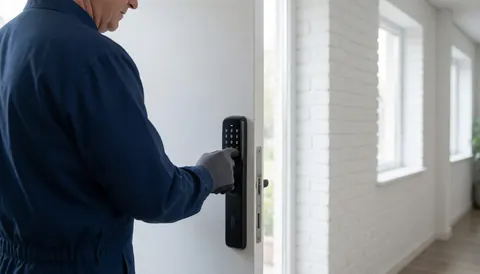 Technicien en serrurerie avec gant ajuste une serrure numerique sur une porte blanche moderne, mur de brique blanche et lumiere naturelle.