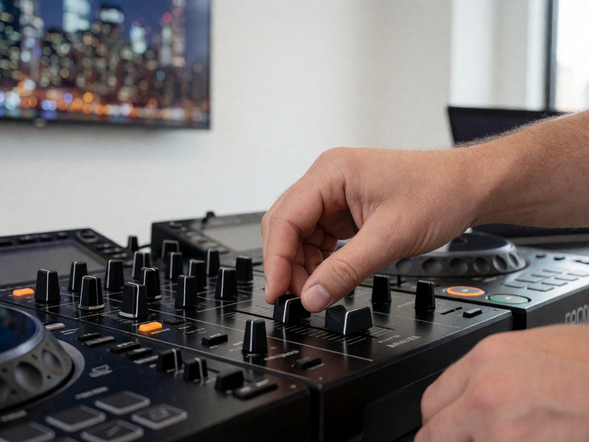 Une main ajuste un slider sur un mélangeur DJ professionnel avec un arrière-plan de ville nocturne flou et des murs blancs.