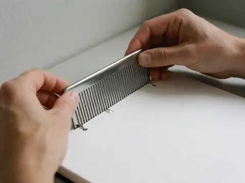 Main insérant un peigne métallique dans un document blanc perforé, détail de reliure avec fond gris et lumière diffuse.