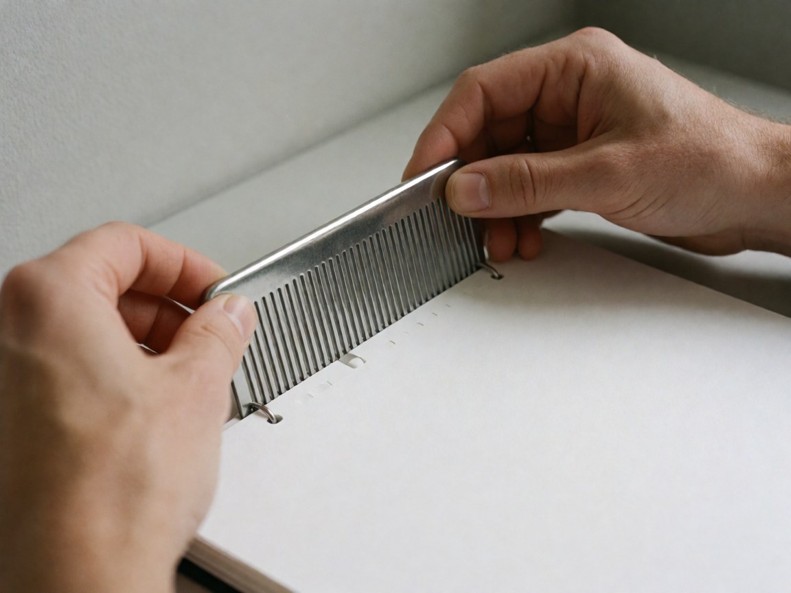 Main insérant un peigne métallique dans un document blanc perforé, détail de reliure avec fond gris et lumière diffuse.