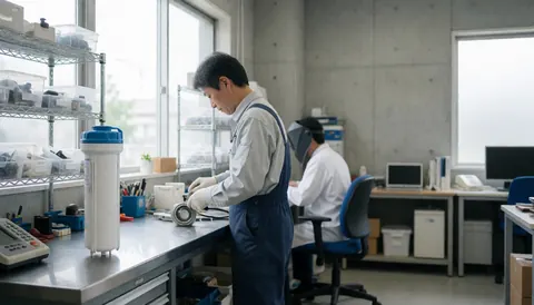 Technicien en uniforme réparant un filtre à eau dans un atelier moderne avec étagères et lumière naturelle.