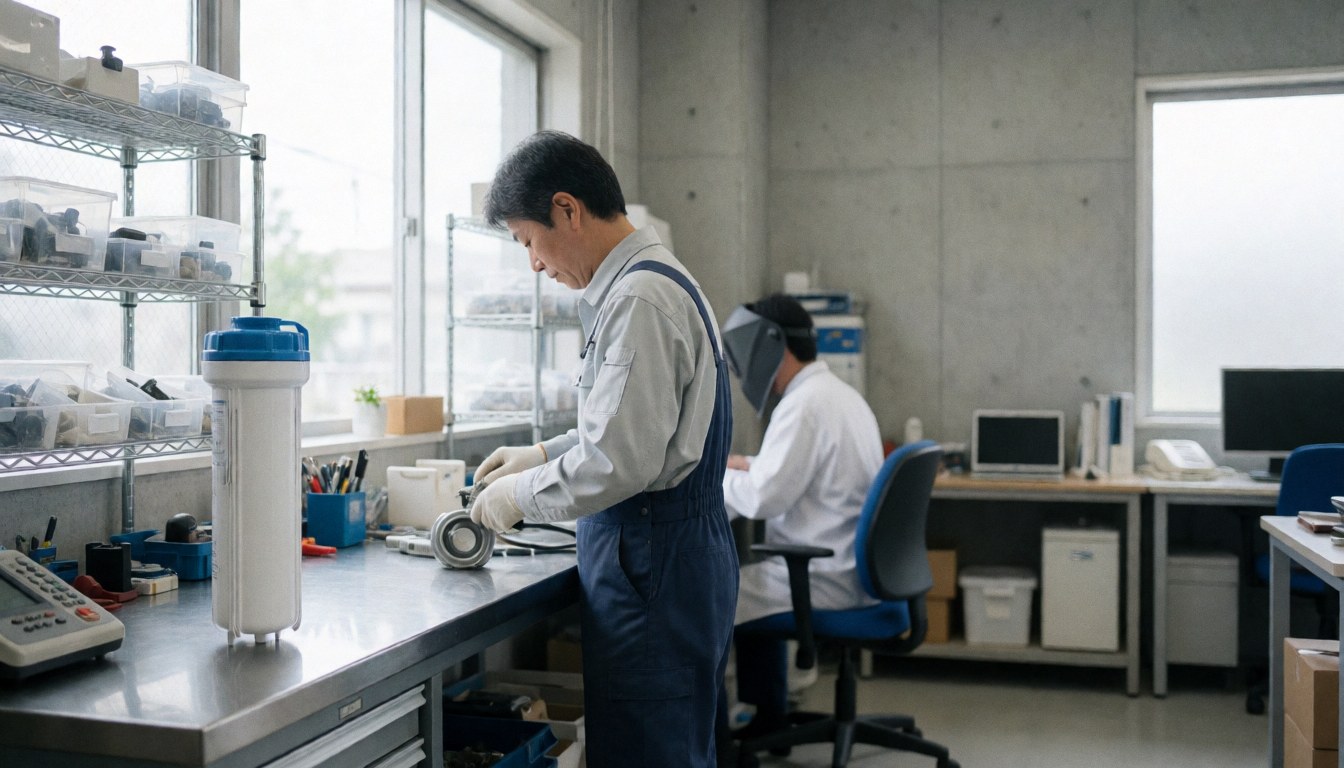 Technicien en uniforme réparant un filtre à eau dans un atelier moderne avec étagères et lumière naturelle.