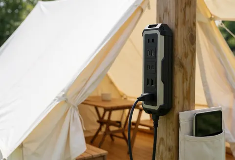 Chargeur électrique branché sur un poteau en bois, à proximité d'une tente équipée d'une table et de chaises, adapté aux campings et espaces de plein air.