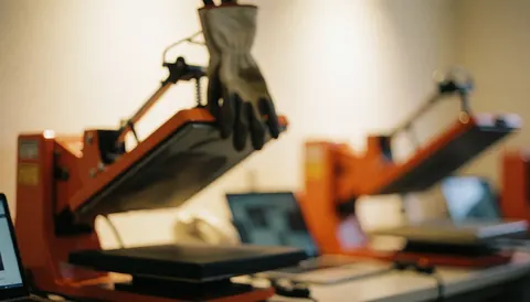 Fond de machines de marquage thermique avec gants de travail et ordinateurs portables, idéal pour textes commerciaux dans un atelier de design.