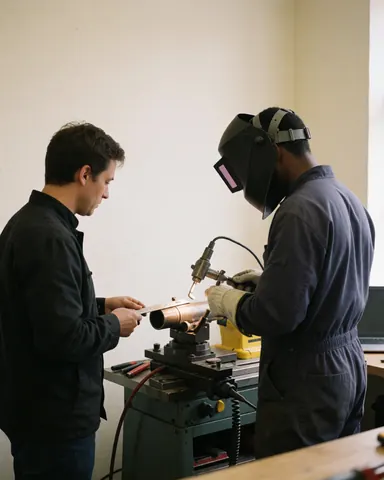 Un soudeur équipé d'un casque et de gants travaille sur un tube métallique tandis qu'un client vérifie l'intervention dans un atelier aux murs blancs.