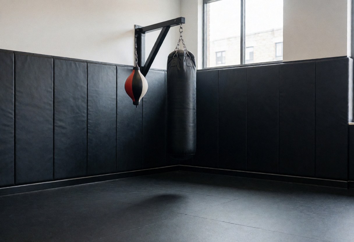 Coin dédié à la boxe avec sac de frappe et speed bag, murs rembourrés et sol en caoutchouc, idéal pour l'entraînement en salle de sport.