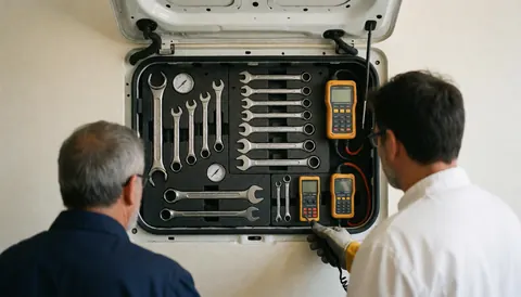 Deux professionnels vérifient des outils de gaz dans le compartiment d'un véhicule, avec des murs blancs et rangés.