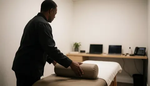 Thérapeute travaillant sur un nœud musculaire dans une salle claire aux murs blancs et à la lumière chaude, préparant l'espace pour un soin.