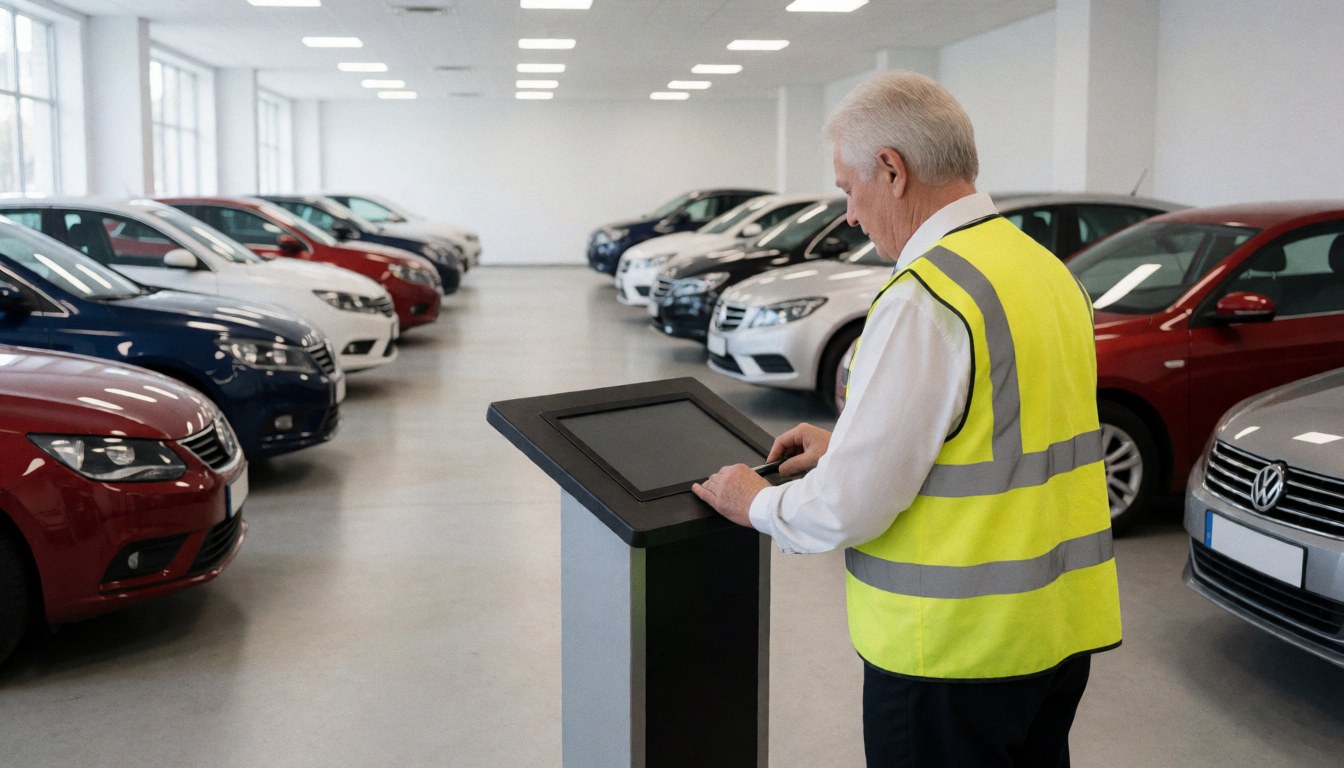 Agent de service portant un gilet réfléchillant au travail dans un concessionnaire automobile avec des véhicules stationnés et un écran tactile visible.