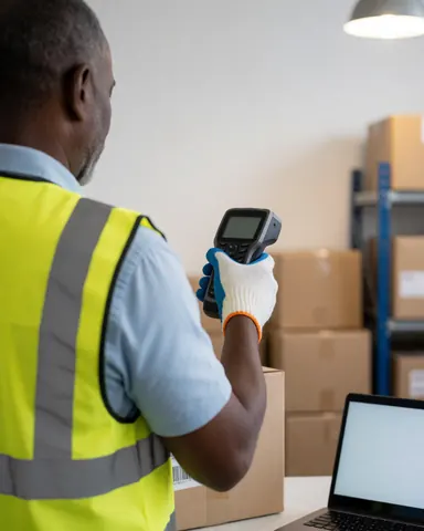 Un employé de logistique scanne le code-barres d'un colis dans un entrepôt avec des étagères et un ordinateur portable.