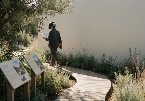 Un visiteur marchant sur un sentier en bois dans un zoo extérieur, tenant une carte, avec des panneaux d'information et un mur blanc à proximité.