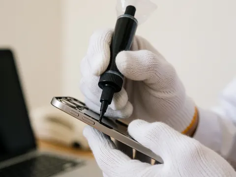 Gros plan d'une main portant un gant blanc appliquant un ruban adhésif noir sur le bord d'un téléphone portable, sur un fond de mur blanc.