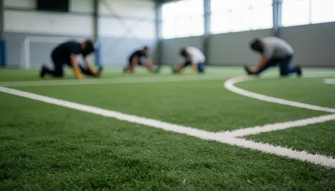 Champ de sport en gazon artificiel vert avec des lignes blanches, des silhouettes en train de s'étirer en arrière-plan, idéal pour un club sportif.