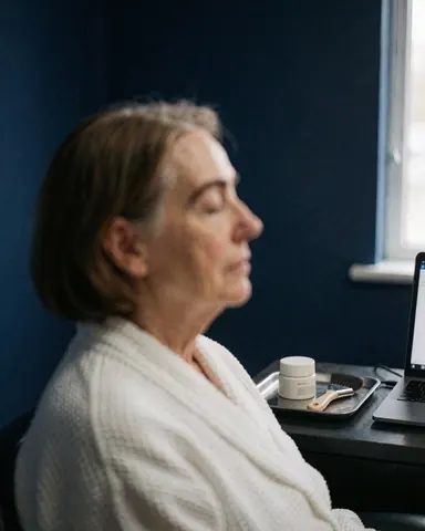 Femme assise en profil, cheveux récemment lissés, produit cosmétique sur plateau, fond bleu foncé, ambiance salon de beauté.