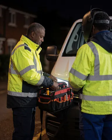 Technicien vérifiant ses outils dans une mallette à côté d'une camionnette sur une rue résidentielle la nuit avec l'éclairage du véhicule.