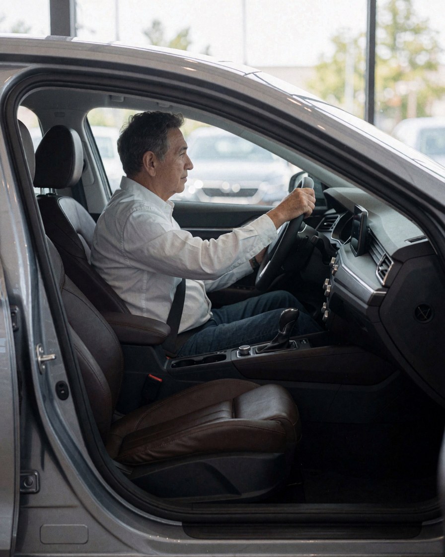 Vue extérieure d'un client assis à l'intérieur d'un sedan avec des sièges en cuir dans un concessionnaire automobile.
