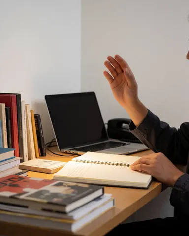 Une main levée dans une classe d'écriture, avec un cahier ouvert et des livres posés sur une table en bois.